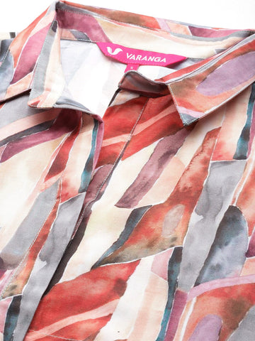 Varanga Women Multi Colour Shirt Collar Side Slit Tunic Paired With Tonal Bottom